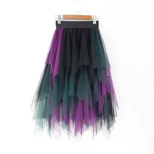 Весна Лето Юбка-пачка для женщин Jupe Тюль Femme сетка длиной до колена Asmmetrical пэчворк с высокой талией асимметричный подол