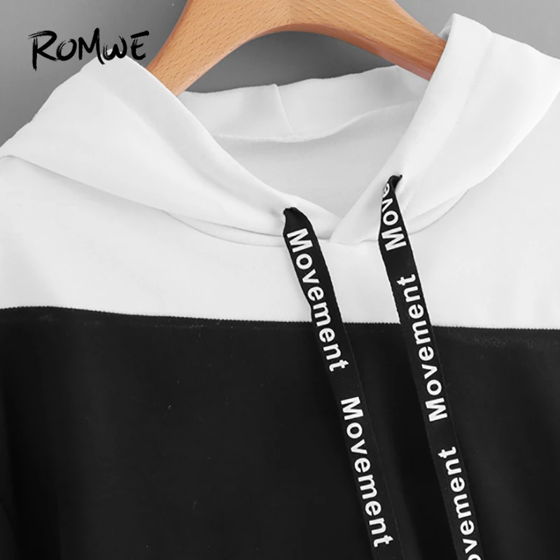 ROMWE черно-белая цветная укороченная толстовка с буквенным принтом, Женская Повседневная Осенняя женская мода, пуловеры с капюшоном, худи
