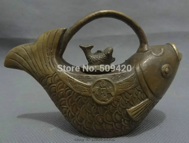 

Chinese Bronze Copper Carved Wealth Coin JiXiang Fish Statue Wine Pot Teapot