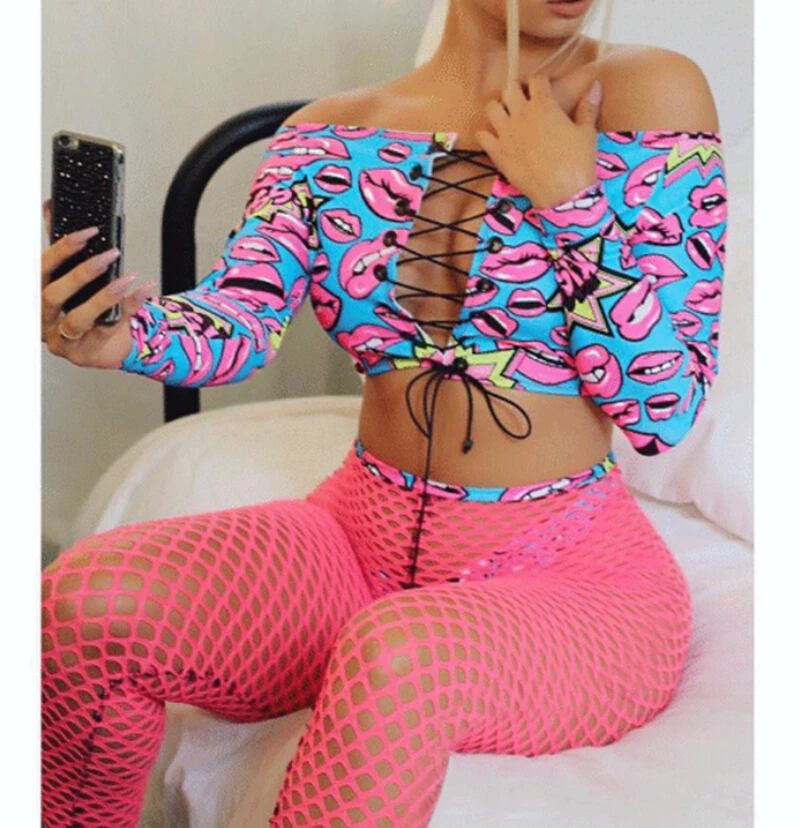 

Women Sexy Lips Off Shoulder Bikini Set Long Sleeve Swimwear Top+Bikini Bottom+Fishnet Pants 3Pcs Swimsuit Female Beachwear