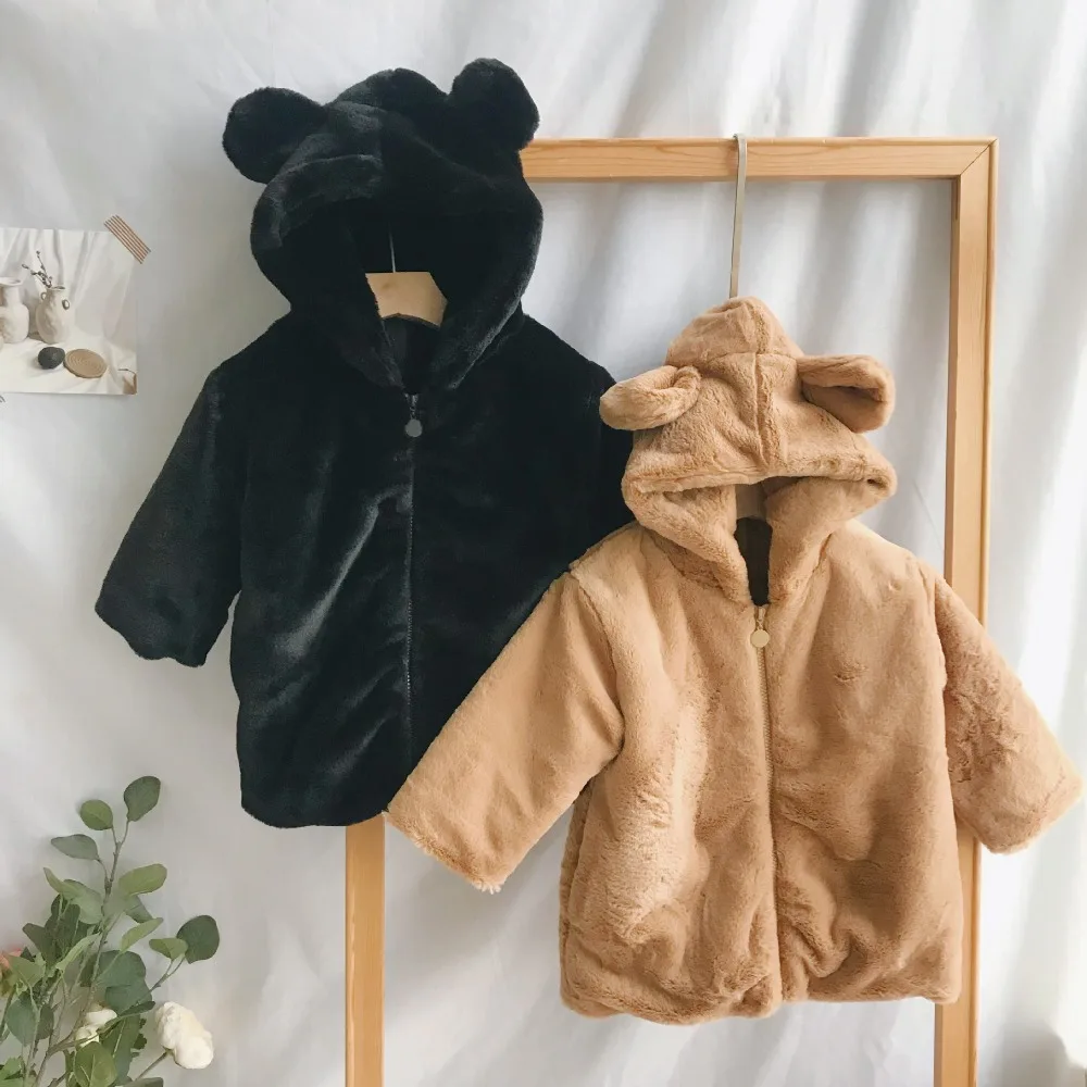 Теплая зимняя детская одежда, новинка 2018 года, хлопковые куртки с ушками, утепленное длинное пальто с милыми мультяшными медведями для