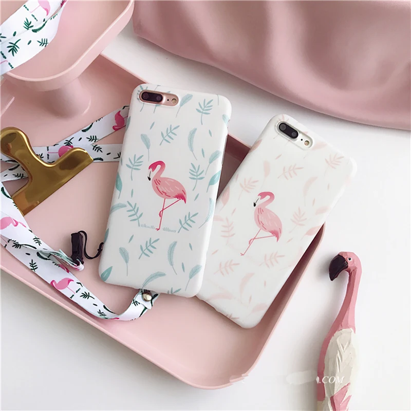 

Cover case For iphone 6 S 6S plus 7 7plus 8 8plus X phone cases High quality Pink cartoon Cute flamingo Leaves animal Back case