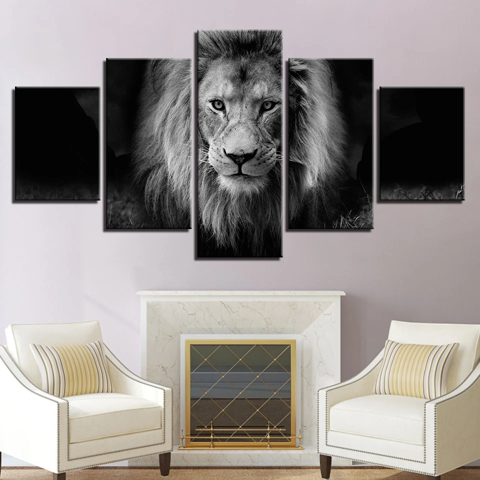 Картины на холсте домашний декор рамки HD принты 5 шт. животные Лев картины черный и белый плакат для гостиной стены искусства