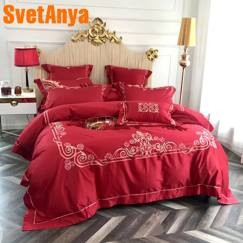 

Svetanya Embroidery Wedding Bedding Sets luxury egyptian Cotton Bed Linens Queen King Size Sheet Pillowcases Quilt Cover Set Red