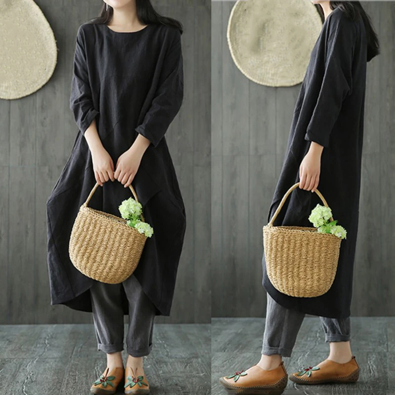 Womens Lady Loose Long-Sleeve Linen Dress Kaftan Long Maxi plus size | Женская одежда