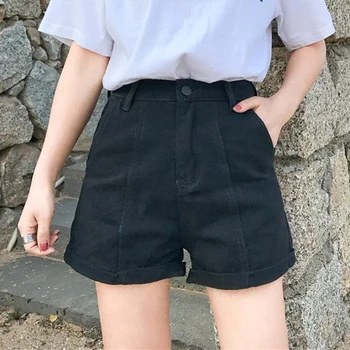 

Fashion Crimping Denim Shorts For Women Trendy Loose Casual Womens High Waist Shorts Pockets Solid Denim Shorts 2019 Summer New