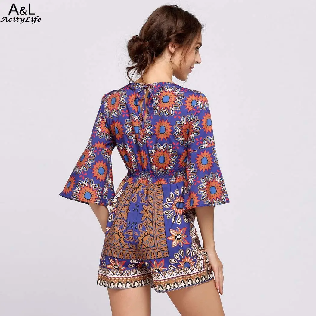 Фитнес расклешенные рукава с v образным вырезом Lace Up Romper|Комбинезоны c шортами| |