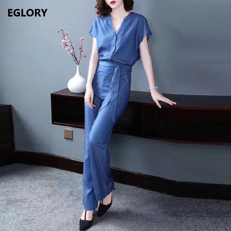 High Quality Denim Women Sets 2 Piece Pant Suits Summer 2018 Ladies V Neck Denim Tops t shirt