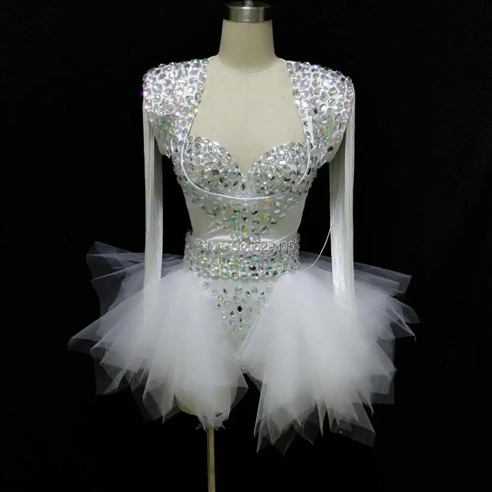 Buy Bright Rhinestones White Sexy Bodysuit Dance Wear