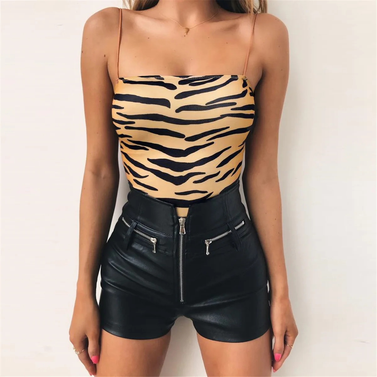 Yellow Zebra Print Sexy Bodysuit Women Fashion 2019 Summer Sleeveless Backless Animal Print