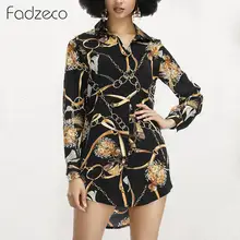 Fadzeco Women Dashiki African Shirt Dress Elegant Chain Print Long Sleeve Floral Shirts Blouse Top Ethnic Tribal Mini Dress Belt tribal print tassel dress