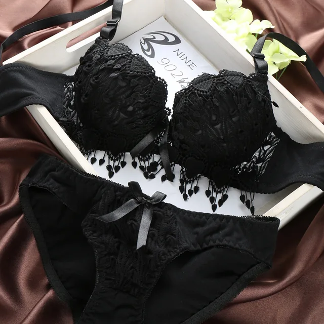 Hot Sale Women Underwear Set Cotton Bra Panty Set Brand Embroidery Tassel Sexy Lingerie Brassiere Sets Push Up bra brief sets Black