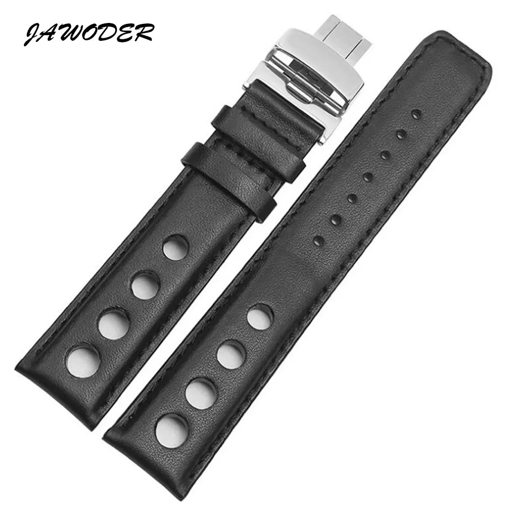 JAWODER Watch band 20mm Black Smooth Genuine leather Holes Watch strap