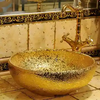 

Golden glazed Chinese Europe Vintage Style Art wash basin Ceramic Counter Top Wash Basin Bathroom Sinks vessel sinks vanities