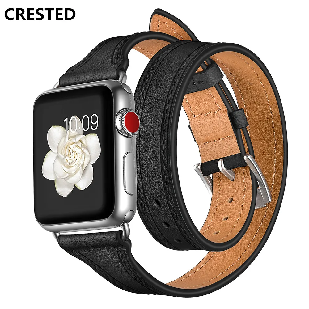 

CRESTED Genuine Leather strap For Apple watch Series 4 band 44mm/40mm iWatch 3 2 1 42mm 38mm Double Tour Wrist Bracelet belt