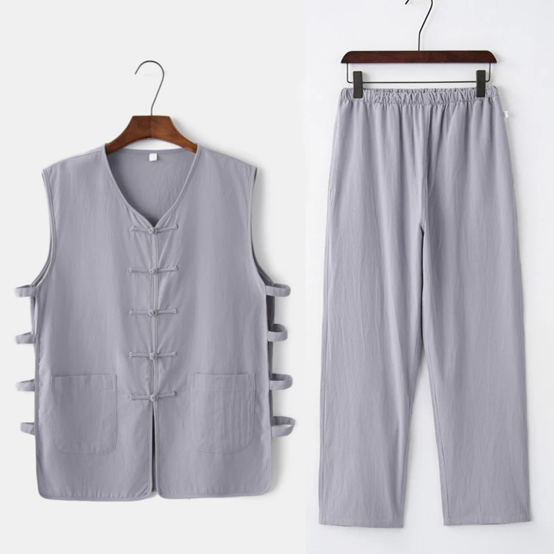 

Men's Cotton Linen Kung Fu Suit male Sleeveless Wagoner Undershirt+Long Pants Sets Chinese Tang Suit Tai Chi Uniform