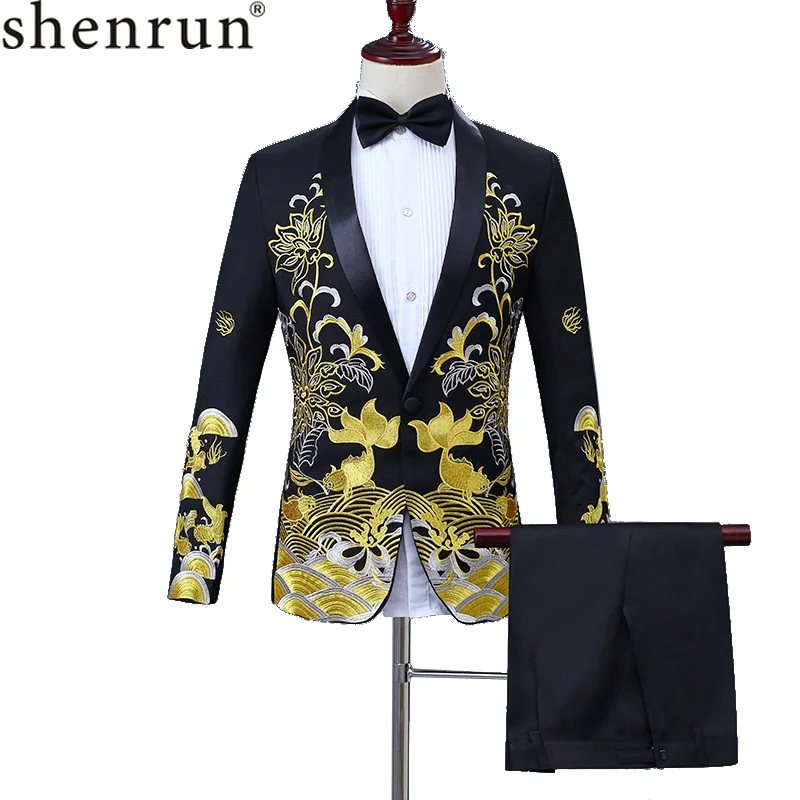 

Shenrun Men Suits Male Shawl Lapel Tuxedo Embroidered Prom Dress Suits Stage Singer Costume Mens Suit Jacket Pants Wedding Groom