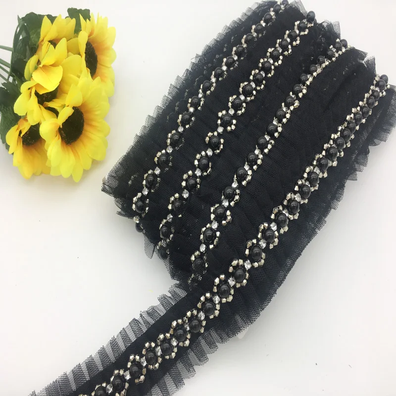 

Free Shipping Fake Pearl Beaded Embroidered Mesh Lace Trim Vintage Black Mesh Fabric Lace Beaded Pearl Trim Beaded Trim