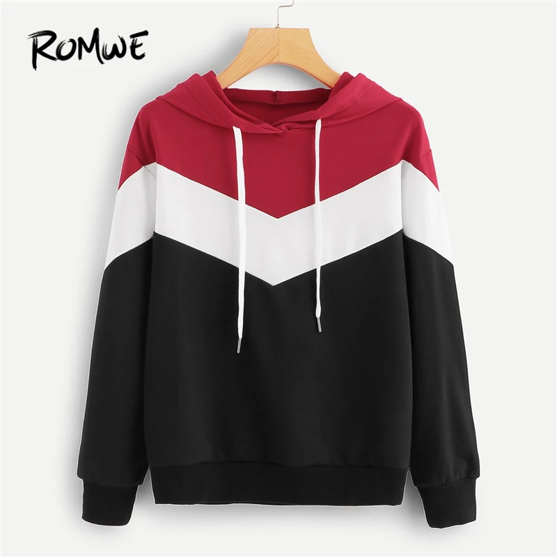 

ROMWE Multicolor Chevron Hoodies Sweatshirt Women Tops Autumn Clothes Casual Long Sleeve Drawstring Female Sweatshirts
