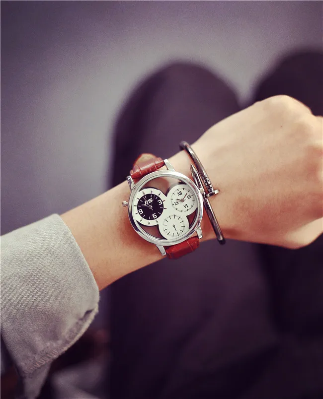 

2016 Men Leather Strap Sport Watch Analog Dual Time Zones Wrist Watches Chronograph Quartz Wristwatches AB1180