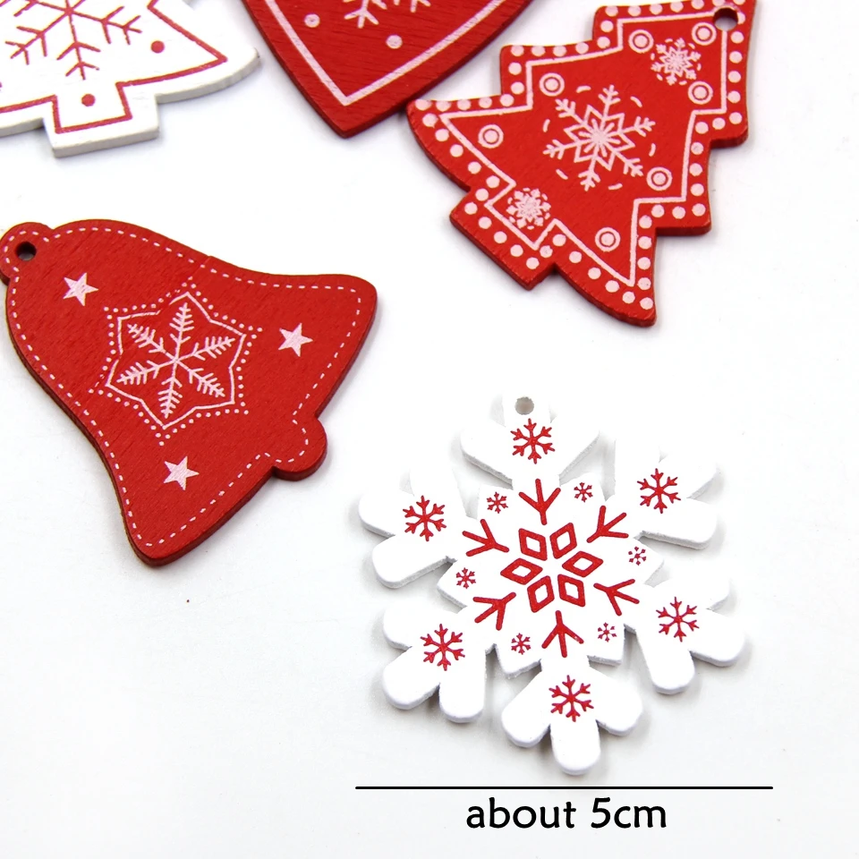 12PCS/Lot DIY White&Red Christmas Tree/Heart/Star Wooden Pendants Ornaments For Home Xmas Tree Ornaments Kids Gifts Decorations
