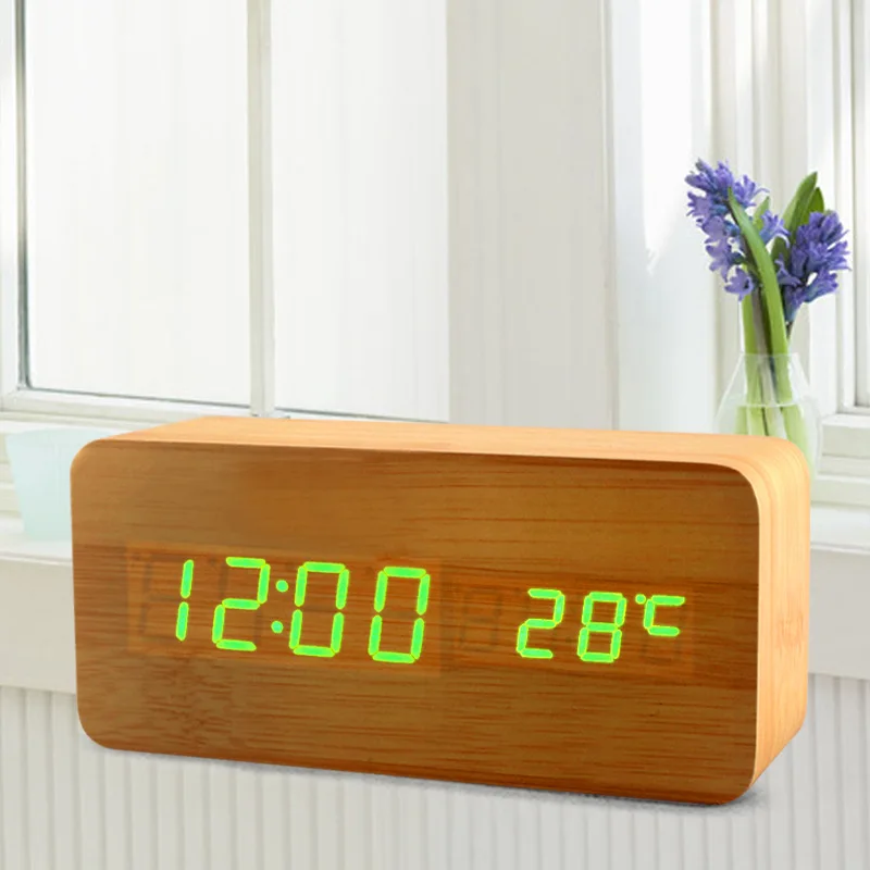 Светодиодный «умное» Голосовое управление будильник с термометром, деревянные часы, цифровые часы, электронные часы и стоимость - Цвет: Bamboo green light