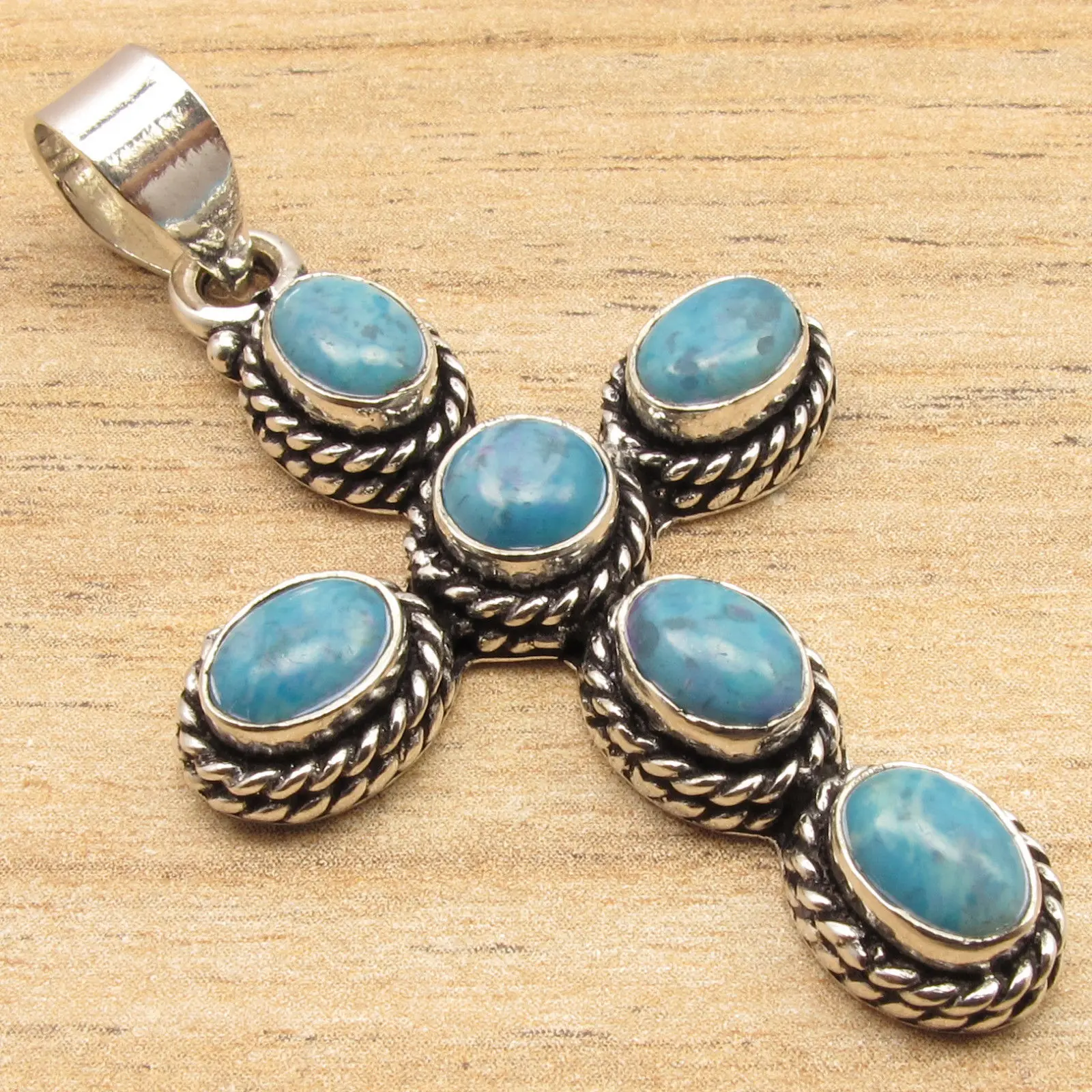 Natural LARIMAR Gems Fine Quality Jewelry CROSS Pendant Blue , Silver