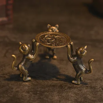 

Pure copper three cat pot lid rack, table top decoration, craft collection.