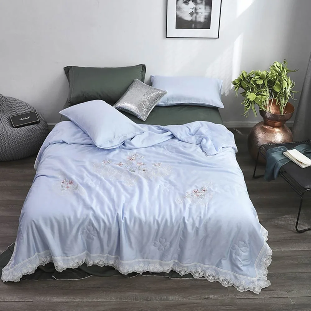 

2019 Light Blue Floral Lace Thin Summer Quilt Air-condition Embroidery Comforter Artificial Silk Fabric Polyester Queen Size