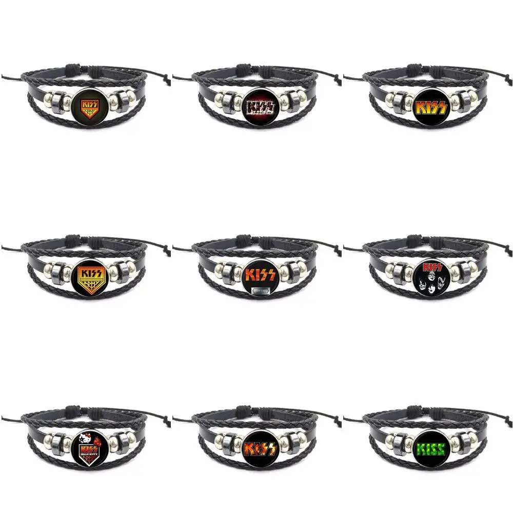 

EJ Glaze For Girls Gifts Rock Band Kiss Black Leather Bracelet Bangle With Glass Cabochon Jewelry