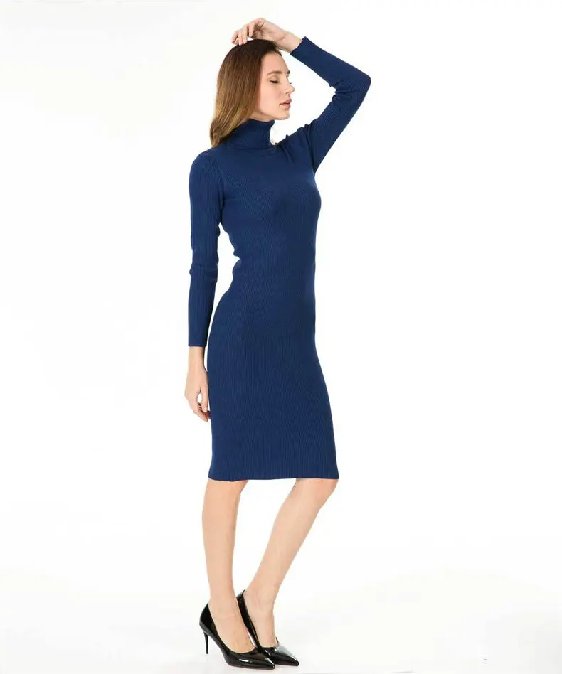 Women Dress 2019 Autumn Sweater Dress Cotton Rib Knit Slim Stretched Winter Turtleneck Sexy Lady Bodycon Robe Dresses Vestidos 17