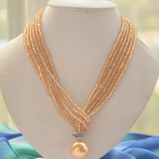 

ddh001755 3strands faceted citrine crystal shell pearl pendant necklace 40inch