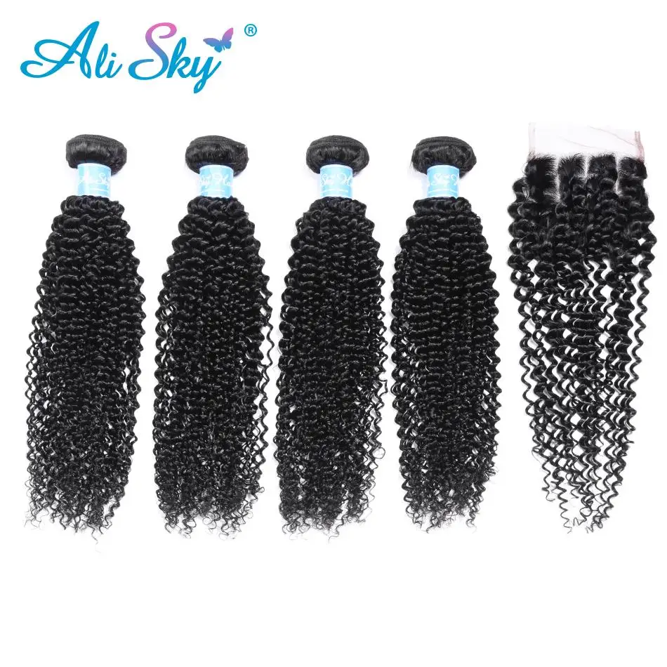 

Alisky Human Hair Pre-colored Brazilian Kinky Curly Wave with Nature Black Lace Closure 4 Bundles With Closure Remy no shedding