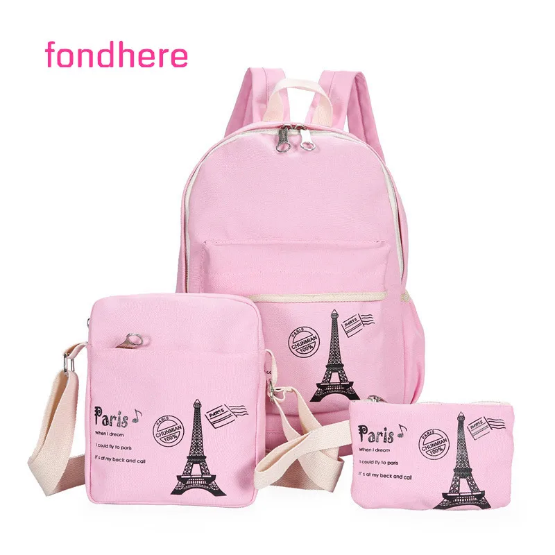 

fondhere 3 Pcs/set Canvas Women Backpack Set Ladies Tower Printing School Bags For Teenagers Girls Shoulder Travel Rucksack