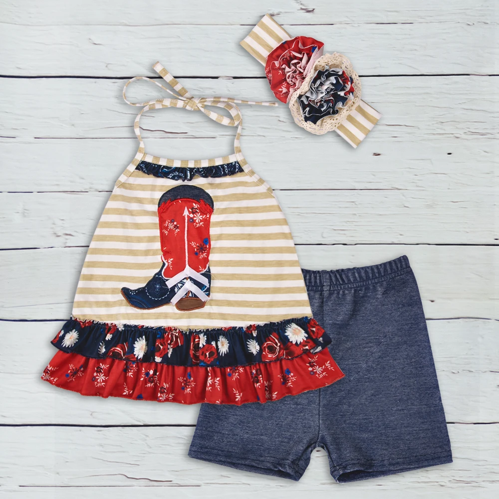 

New Style Girls Spring Summer Clothes Big Cowboy Boot Embroidery Top Denim Short Cotton Children Boutique Sets Match Headband