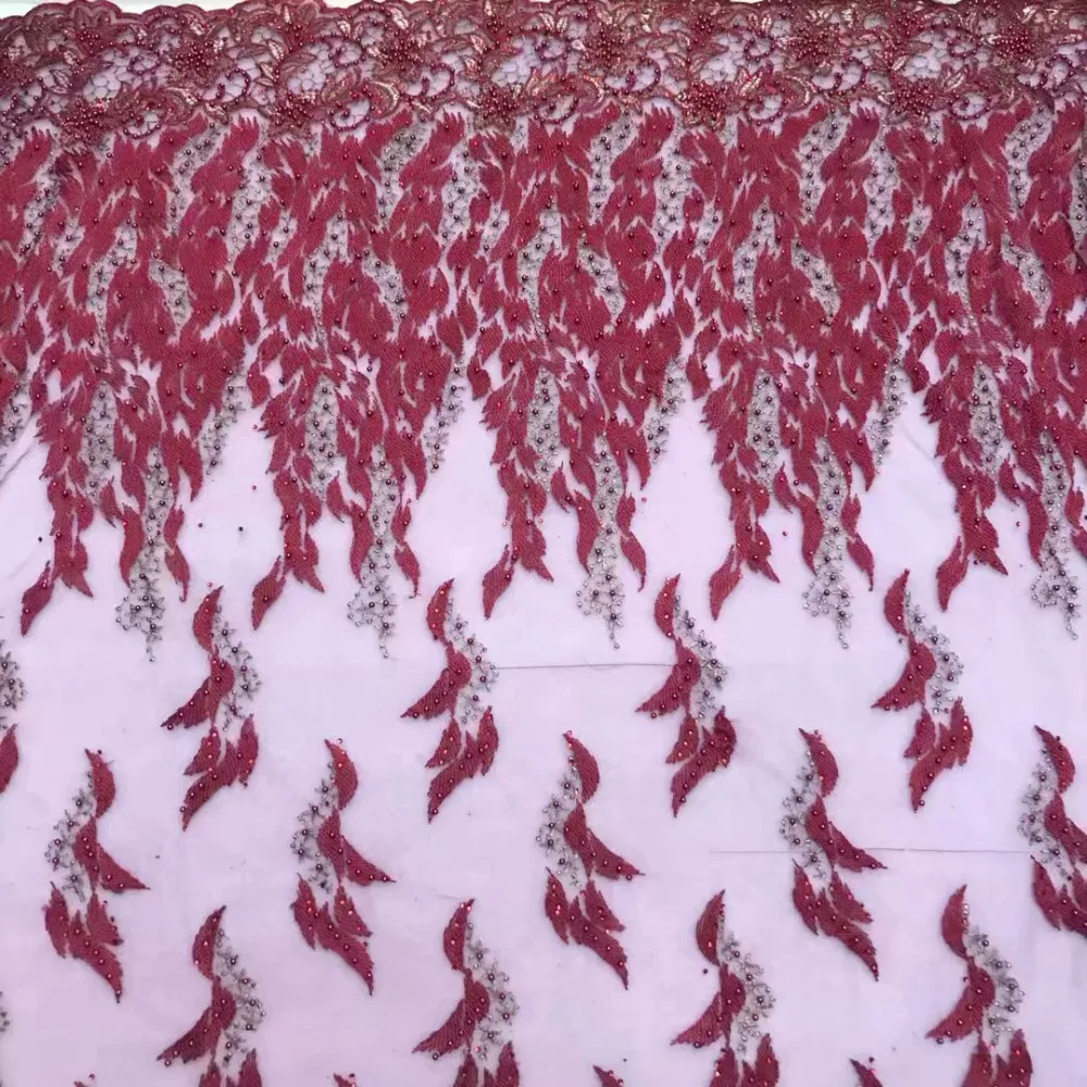 

TZQ46 Free shipping(5yards/pc)2018soft French net lace fabric mint wine red tulle lace fabric with lots of beads for party dress