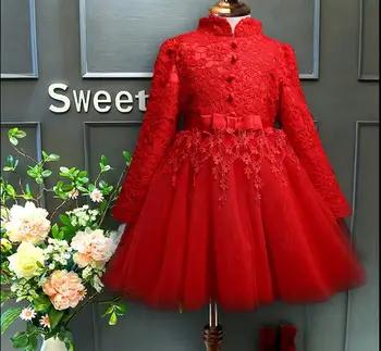 

2017 Elegant lace Girl Dress White/red Tulle Flower Party Dress Long sleeves Princess Wedding Dresses First Communion Dress