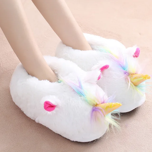 Us 9 8 31 Off Winter Cute Cartoon Unicorn Home Slippers Women Furry Fluffy Warm Plush Indoor Shoes Ladies House Bedroom Slides Christmas Gift In