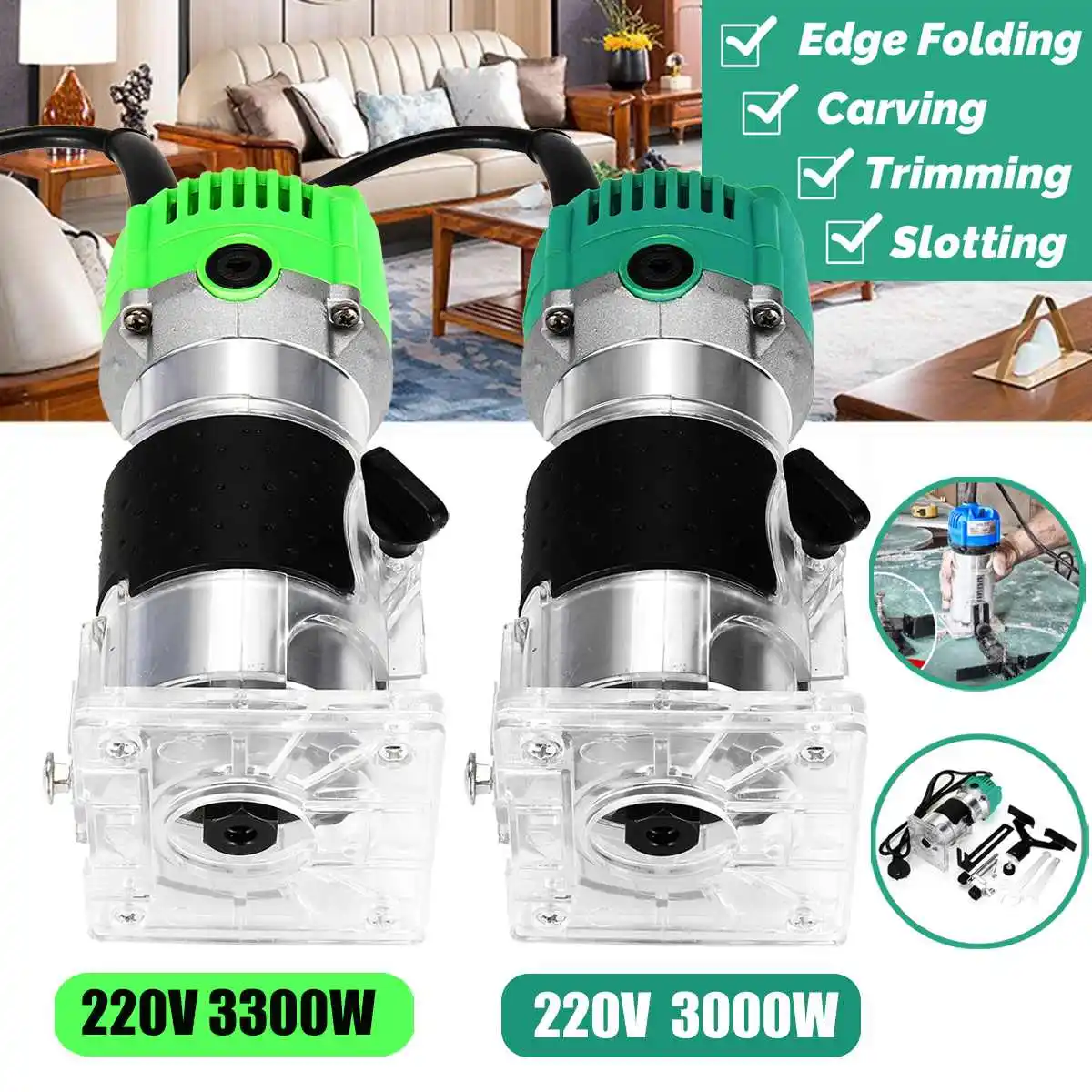 3000W/3300W Wood Electric Hand Trimmer 30000rpm Woodworking Milling Engraving Slotting Trimming Hand Carving Machine Wood Router