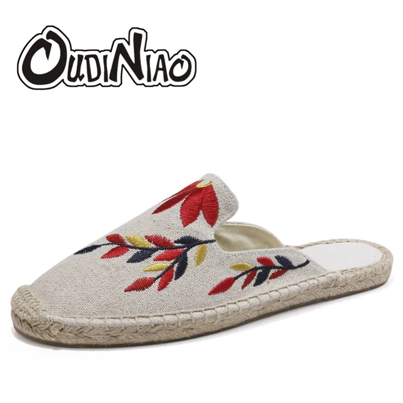 

OUDINIAO Slip On Hemp Espadrille Women Shoes Colour Leaf Canvas Slippers Woman Spring Embroider Indoor Slides Fashion 2018