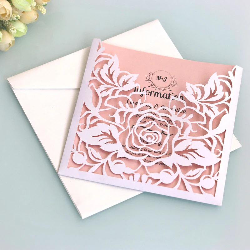 1 шт. элегантные свадебные пригласительные открытки с кружевным карманом, квадратная лазерная резка, цветок розы, индивидуальные вечерние открытки, праздничные принадлежности