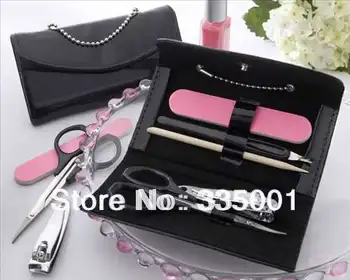 

Factory directly sale 25pcs/lot Wedding favor Little Black Purse Patent-Leather Five-Piece Manicure Set baby shower favors