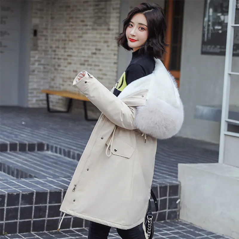Шикарное меховое пальто с капюшоном зимнее пуховое пальто теплая куртка плюс размер длинный тонкий женский ватник ватная Женская куртка на меху - Цвет: beige