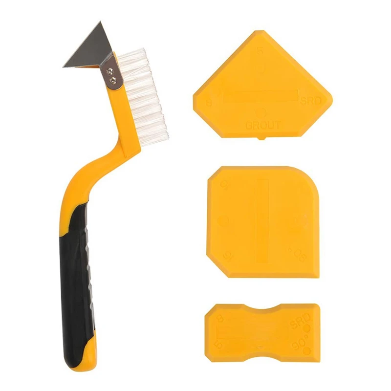 

4Pcs Caulking Tool Kit Joint Sealant Silicone Edge Grout Remover Scraper Yellow Brush Hand Tools Combination