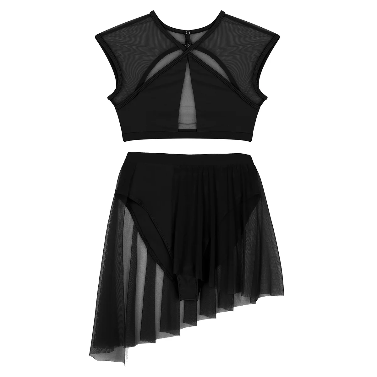 ChicTry Women Asymmetrical Ballet Tutu Dancewear Female Mesh Splice Crop Top with Leotard Skirt Stage Lyrical Dance Costumes Set ballet leotard,dance leotard,ballet dress,ballet skirts,girls dance costumes,tutu skirt