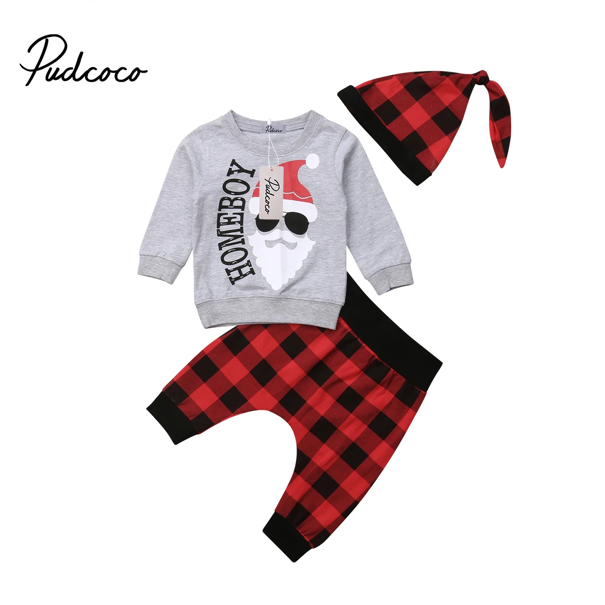 Pudcoco/Одежда для новорожденных мальчиков, Рождественский комплект из 3 предметов для мальчиков 0-18 месяцев, футболка/худи+ длинные штаны в клетку+ клетчатая шапка - Цвет: Long Sleeve Set