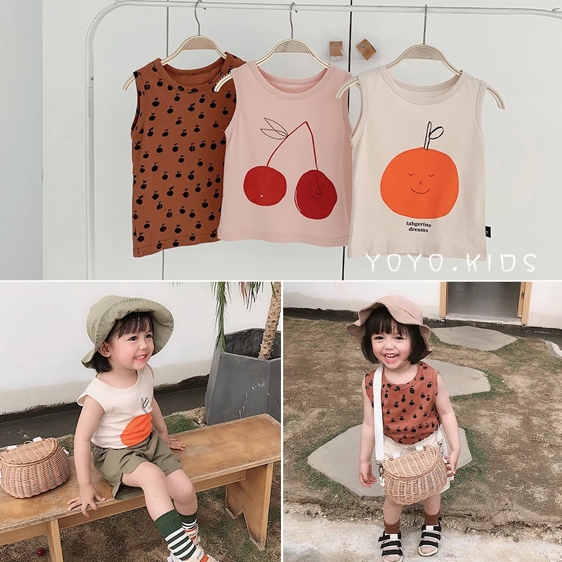 

summer comfortable breathe pure cotton printing multicolor children T shirts baby boys girlssleeveless tops