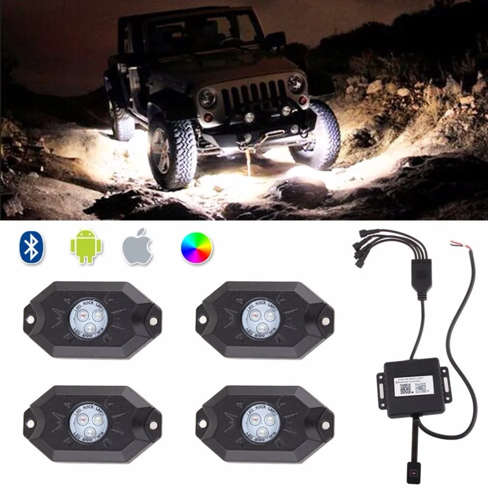 

4 x RGB LED Rock Light Kit Multi-color with Bluetooth Control & Phone Control & Music Mode & Flashing & Automatic Control