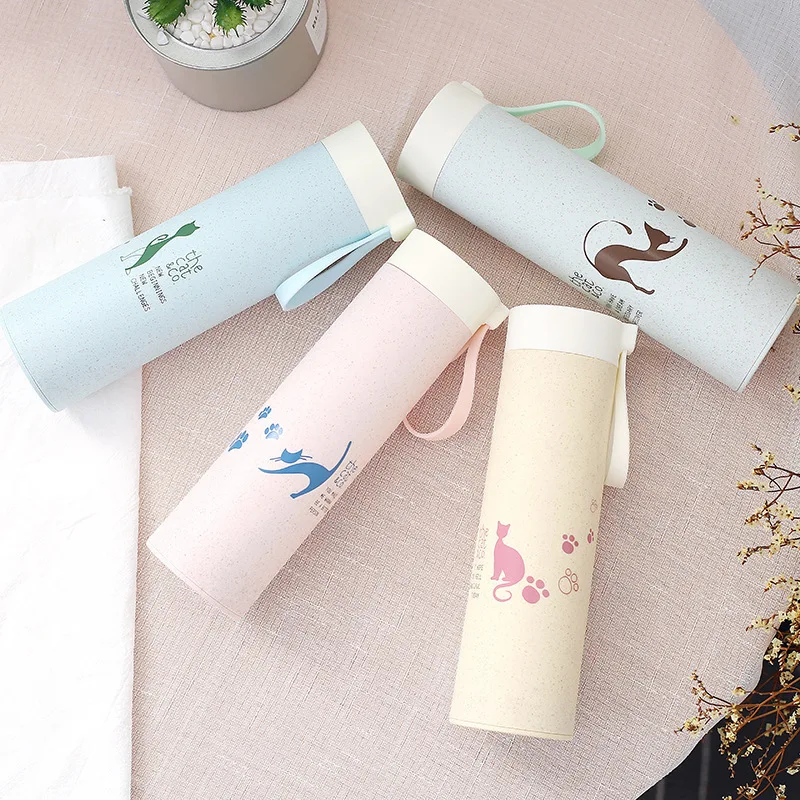 

350ml Wheat Straw Cover Glass Water Bottle Cat Student Child School Leakproof Drink Bottles Outdoor Portable Travel Tour Kettle