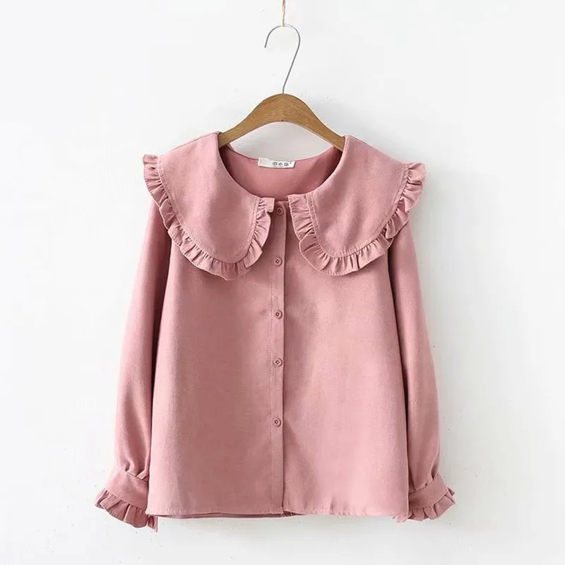  2019 women clothing long sleeve lapel neck ruffles solid relaxed shirt Tops Female sweet casual loo
